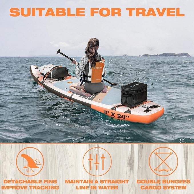 UPWELL 11’6”/11'2”/11'/10'8”/10'6”/10'2” Inflatable Stand Up Paddle Board with sup Accessories Including Backpack, Repairing Kits, Non-Slip Deck, Leash, 3 Fins, Paddle and Hand Pump-StrideForce Fitness