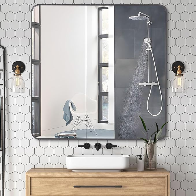 36" x 36"Bathroom Mirror, Matte Black Wall Mirror with Metal Frame, Decorative Rectangular Vanity Mirror for Bedroom Bathroom Living Room Entryway (Horizontal/Vertical)-StrideForce Fitness