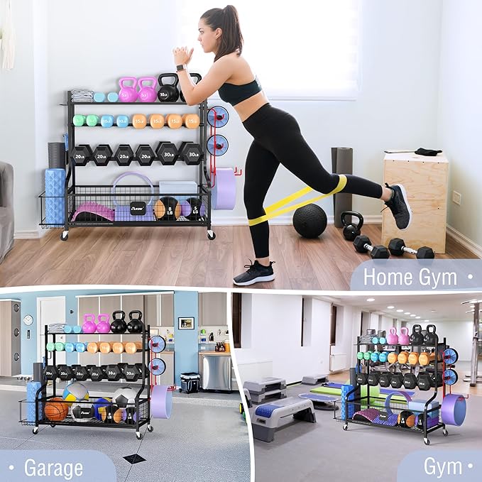 PLKOW Dumbbell Rack, Weight Rack for Dumbbells, Home Gym Storage for Dumbbells Kettlebells Yoga Mat and Balls, All in One Workout Storage with Wheels and Hooks, Powder Coated Finish Steel-StrideForce Fitness