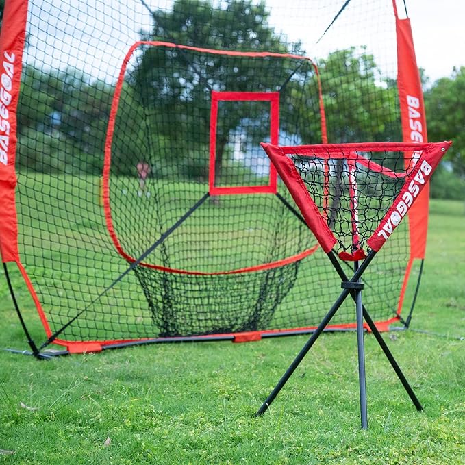 7'×7' Baseball Softball Practice Net,Baseball Backstop,with Batting Tee,Ball Caddy,for Hitting Pitching Batting Catching with Bow Frame,Bonus Strike Zone,Portable and Foldable-StrideForce Fitness