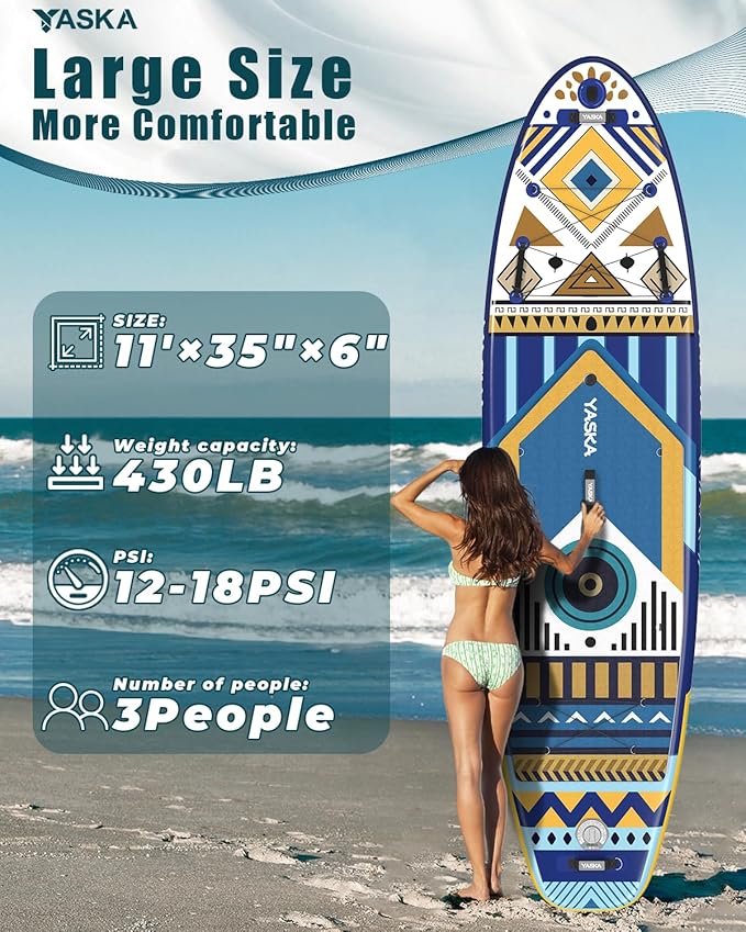 YASKA Inflatable Stand Up Paddle Board - 11ft Extra Wide Paddleboard with Premium SUP Board Accessories,Camera Mount,Non-Slip EVA Deck,5 Handles,Youth/Adult-StrideForce Fitness