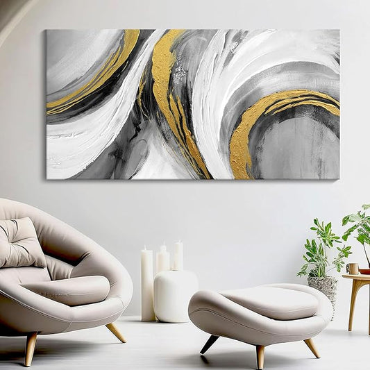 Large Abstract Wall Art - Modern Black White Gold Tones Hand Drawn Textures Ink Graffiti Canvas Painting Artwork for Home Bedroom Living Room Office Hallway Bed Above Decor 29"X58"-StrideForce Fitness