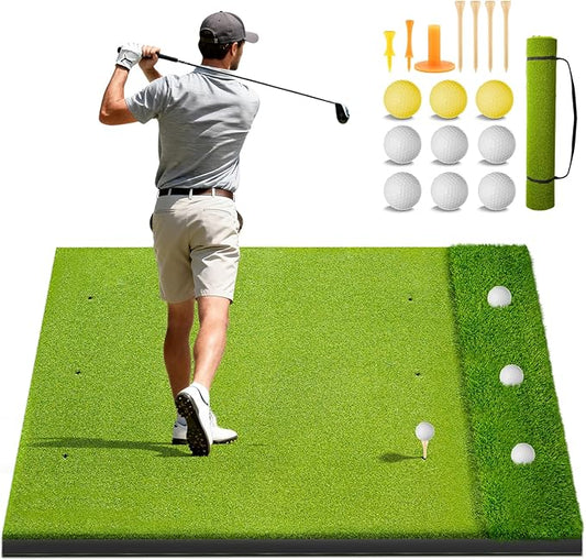 Heavy-Duty 5x4FT Golf Hitting Mat – Dual Turf Design Simulates Fairway & Rough for Real Course Feel, Indoor/Outdoor Practice Mat for Full Swing & Chipping Training, Easy Carry Strap-StrideForce Fitness