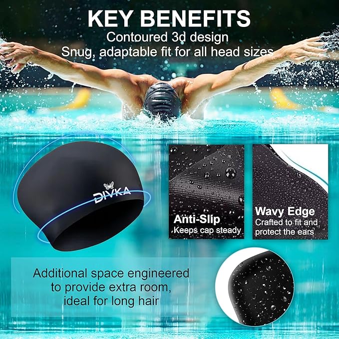 2-Pack Premium Quality Silicone Swim Caps for Women, Men, Teens & Adults – Medium Size – Stretchable & Durable, Includes Ear Plugs & Nose Clip, Extra Room for Long Hair, Non-Slip & Waterproof-StrideForce Fitness