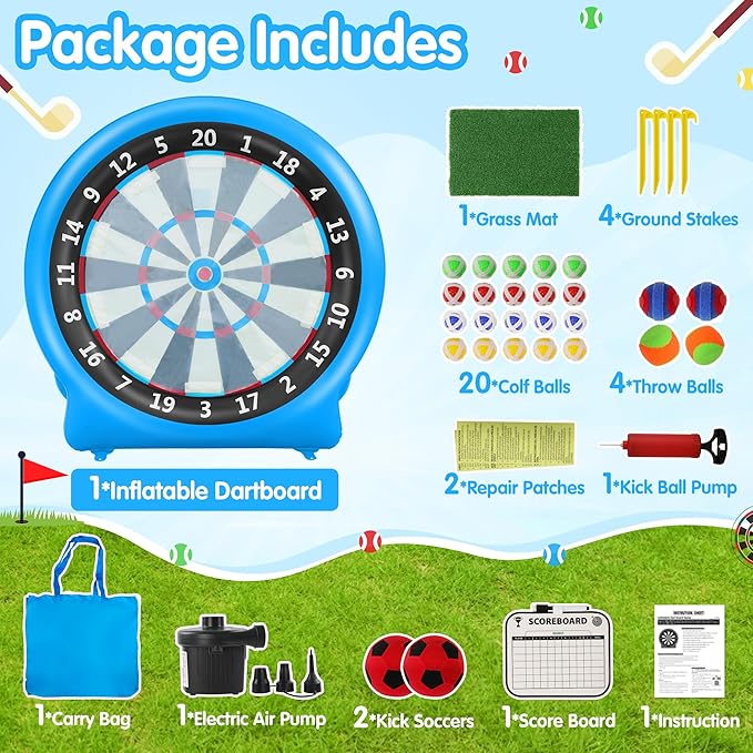 6FT Inflatable Dartboard, Giant Kick Darts Soccer Darts Golf & Throw Dart with Air Pump, Giant Outdoor Games, Blow up Soccer Dart for Yard Party Large Dartboard for Kids & Adults 20+Games-StrideForce Fitness