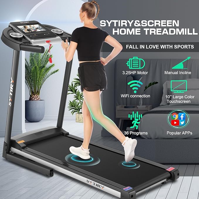 SYTIRY Treadmills for Home with TV Screen and WiFi,Smart Foldable Treadmill Machine,3D Virtual Sports Scene,HiFi Speakers,Popular APP for Social Networking,Video,and Search,Walking Treadmill-StrideForce Fitness