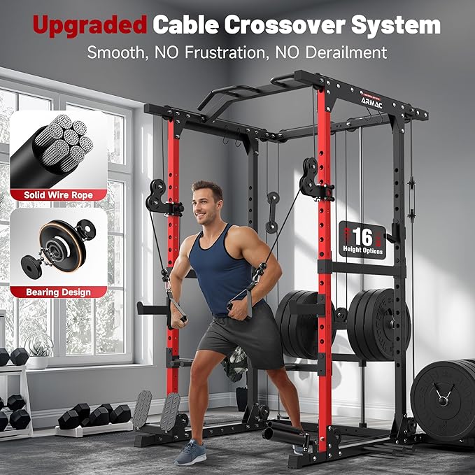 ARMAC Power Cage,1500lbs Multi-Function Power Rack with Adjustable Cable Crossover System and More Training Attachment, Weight Cage for Home Gym-StrideForce Fitness