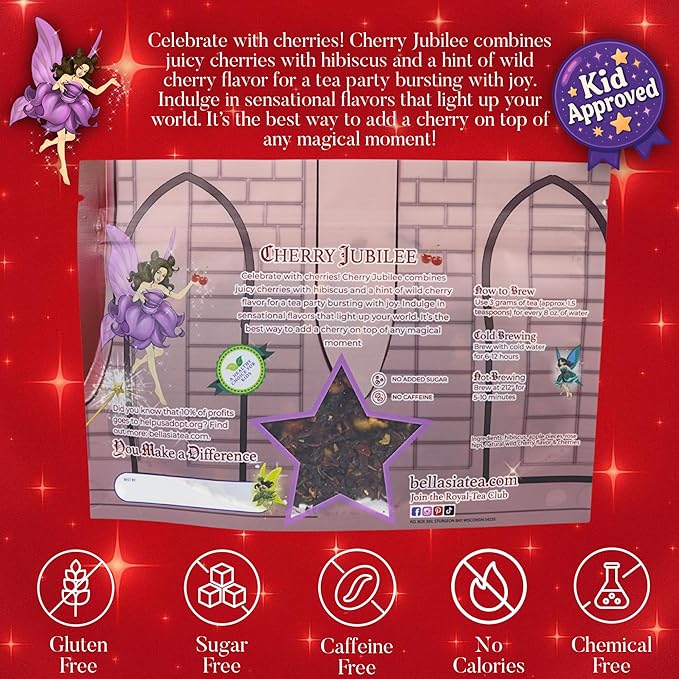 Bellasia Tea Cherry Jubilee for Kids Using Real Fruit Pieces - Caffeine Free Herbal Tea with Real Ingredients & Balanced Flavor- Add Loose Leaf Tea to Your Child’s Routine for A Fun & Tasty Drink. 20-25 Cups-StrideForce Fitness