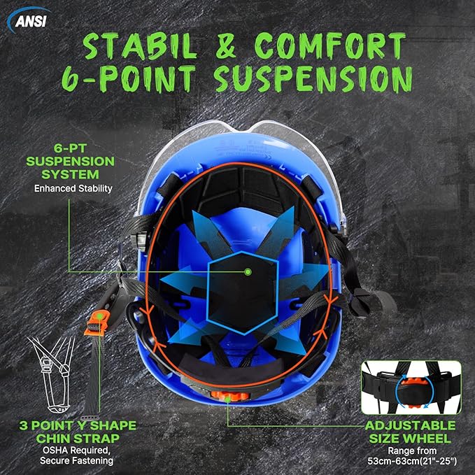 AOLAMEGS Construction Blue Hard Hats - Adjustable Vented Hard Hat with Visor for Men Women ABS Safety Helmet 6-Point Suspension Work Safety Helmet for Outdoor Height Industrial (with Clear Visor)-StrideForce Fitness