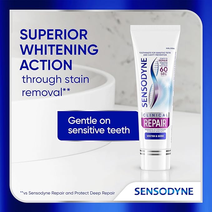 Sensodyne Clinical Repair Whiten & Shine Toothpaste for Sensitivity Relief, 3.4 oz (3 Pack)