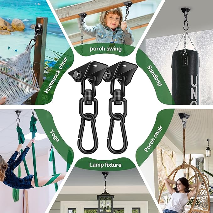 Hammock Hanging Kit 2 Pack, Porch Swing Hanging Kit 1200 Lb Capacity, Hammock Ceiling Hooks Heavy Duty 360°Rotating Hanging Swing Chair Hardware for Hammock Chair Stand, Porch, Yoga, Gym-StrideForce Fitness