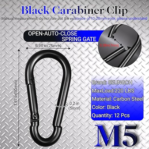 1.97" Spring Snap Hook Carabiners, 12 Pcs Galvanized Steel Black Small Carabiner Clip, Keychain Clip, Quick Link Key Chain for Hammock Swing Set Outdoor Travel, Camping, Fishing, Hiking-StrideForce Fitness