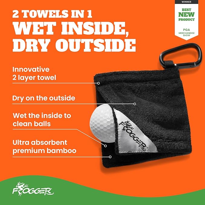 Frogger Amphibian Golf Ball Towel with Wet and Dry Technology Small Golf Ball Towels for Golf Bags with D Clip, Premium Golf Ball Accessories, Ultra Absorbent-StrideForce Fitness