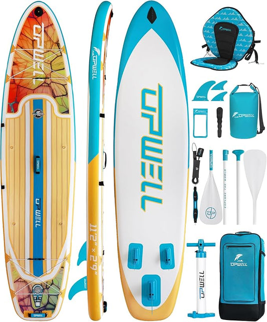 UPWELL 11’6”/11'2”/11'/10'8”/10'6”/10'2” Inflatable Stand Up Paddle Board with sup Accessories Including Backpack, Repairing Kits, Non-Slip Deck, Leash, 3 Fins, Paddle and Hand Pump-StrideForce Fitness
