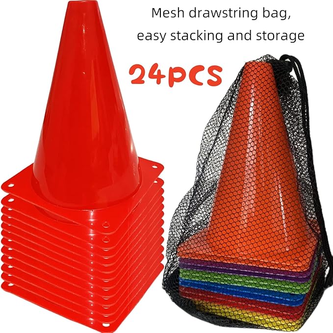24 Pcs 7 Inch Plastic Traffic Cones, Basketball Football Drills, Skating, Sport Training Agility Markers, Indoor Outdoor Games, Multicolor-StrideForce Fitness