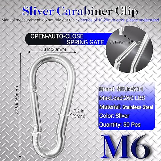 50 Pack Sliver Carabiner Clips, 2.36 Inch Heavy Duty Spring Snap Hooks - Small Locking Carabiners for Camping, Hiking, Hammocks, Swing Sets, Keychains, Fishing & Outdoor Gear-StrideForce Fitness