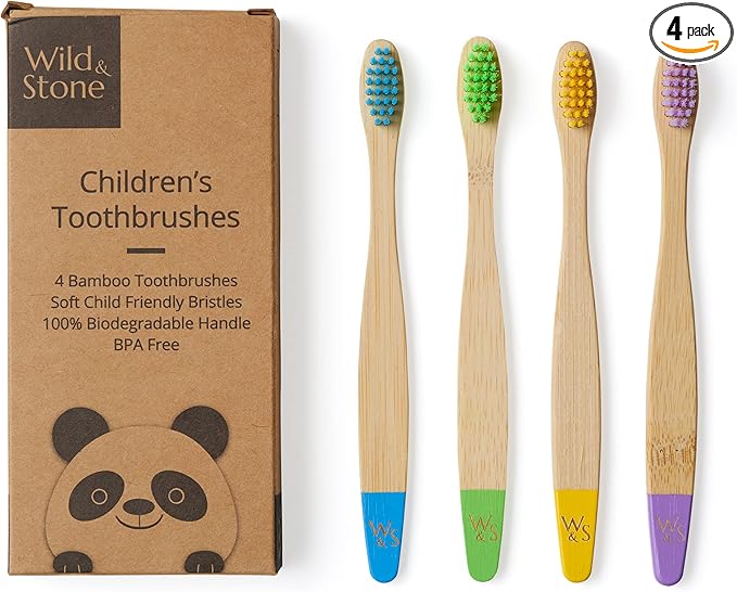 Wild & Stone Organic Children's Bamboo Toothbrush | Four Colors | Soft Fibre Bristles | 100% Biodegradable Handle | BPA Free | Vegan Eco Friendly Kids Toothbrushes
