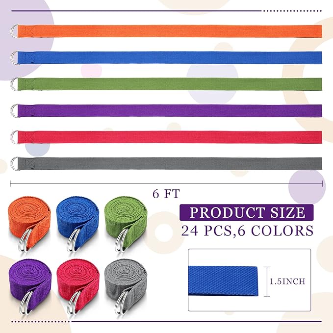 Leyndo 24 Pieces Yoga Strap Stretching Pilates Exercise Adjustable Straps 6 ft Non Elastic Yoga Belt with Adjustable D Ring Buckle for Pilates Gym Workouts Fitness-StrideForce Fitness