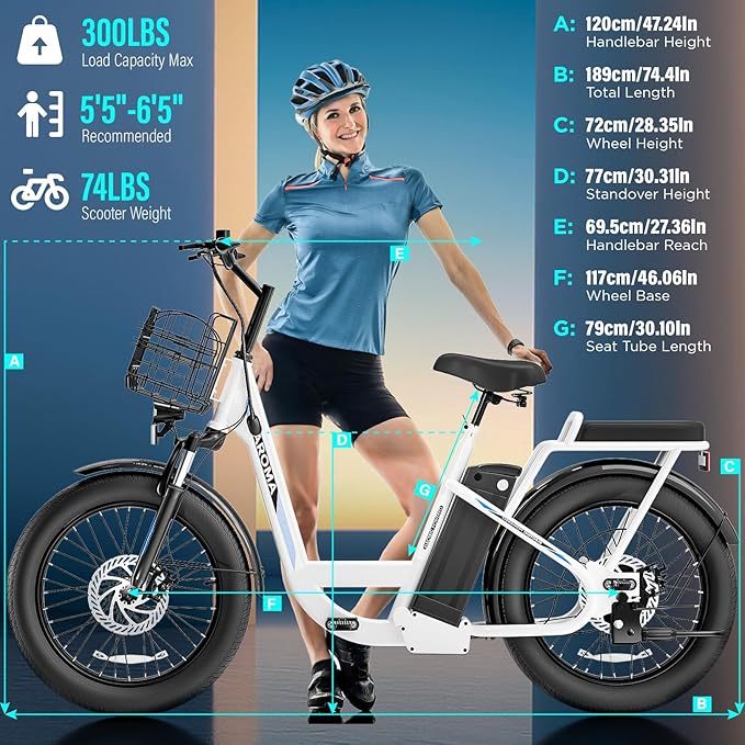 Caroma Electric Scooter with Seat, 48V Removable Battery E-Bike, Up to 30Miles&20MPH, 500/800/1200W Motor, 20" Fat Tire Adult Electric Bicycles for Commuting with Basket-StrideForce Fitness