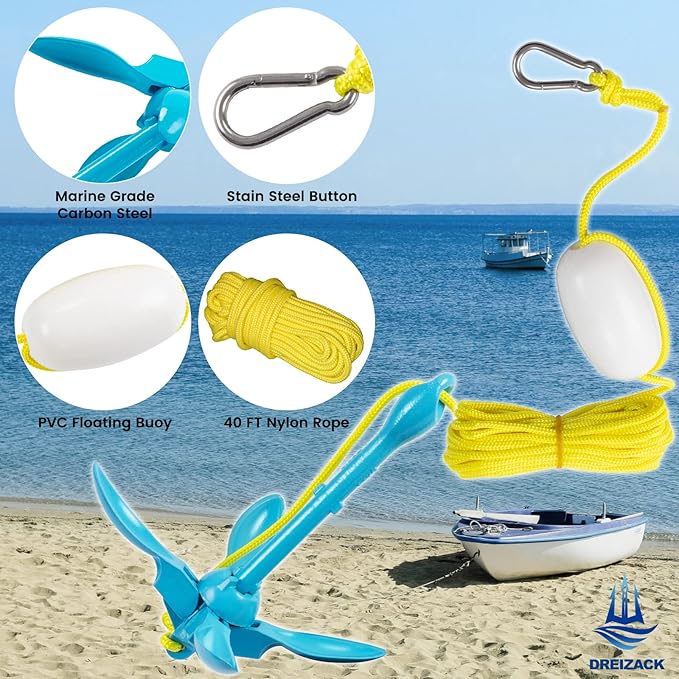 Dreizack Kayak Anchor Kit, 3.5 lb Folding Grapnel Boat Anchor Trolley Accessories with 40ft Rope and PVC Buoy for Fishing Kayaks SUP Paddle Boards Canoes Jet Ski PWC Inflatable Small Boats-StrideForce Fitness