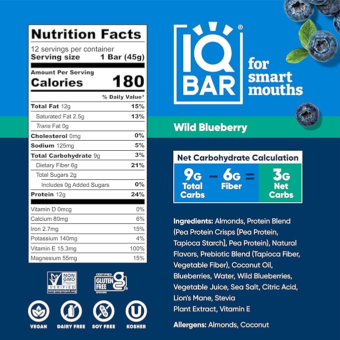 IQBAR Brain and Body Plant Protein Bars - Wild Blueberry - 12-Count Low Carb - Gluten Free, High Fiber, Vegan Snacks - Low Sugar Meal Replacement-StrideForce Fitness