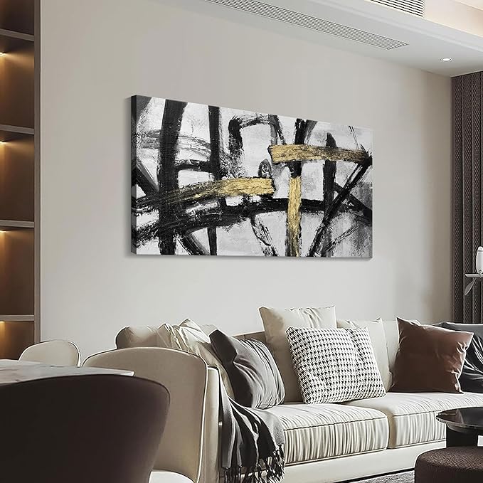 Black White and Gold Wall Art, Modern Paintings Abstract Graffiti Canvas Prints Artwork Black Grey Wall Pictures for Living Room Bedroom Bathroom Home Office Decor 20x40 In-StrideForce Fitness