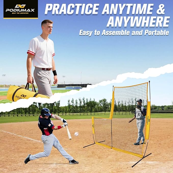 PodiuMax Baseball Softball Pitching Screen, 7x7FT Pitcher Protection Net with Upgrade Frame, Baseball Batting Pitching Net for Backyard Field Outdoor, Line Drive Protective L-Screen with Carry Bag-StrideForce Fitness
