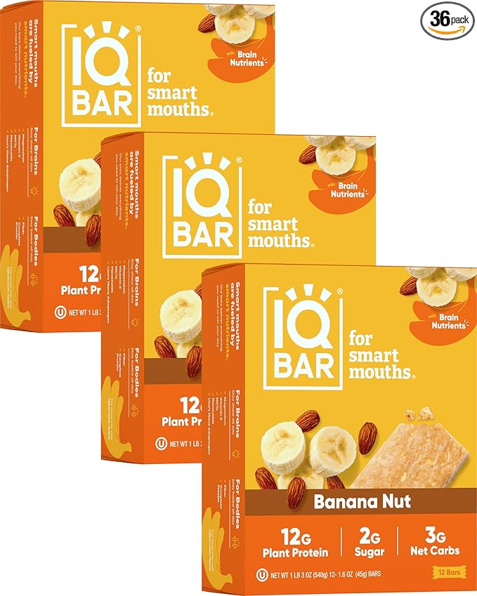 IQBAR Brain and Body Plant Protein Bars - Banana Nut - 36-Count Low Carb - Gluten Free, High Fiber, Vegan Snacks - Low Sugar Meal Replacement-StrideForce Fitness