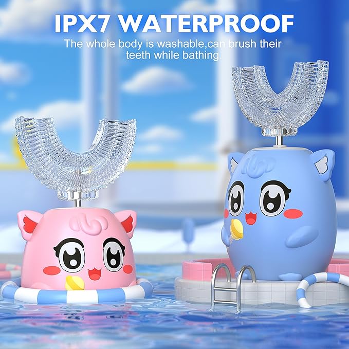 Kids Electric U Shaped Toothbrush Children Rechargeable Sonic Toothbrush with 6 Soft Brush Head Automatic Full Mouth 6 Cleaning Modes - (Age 8-15 Yellow)