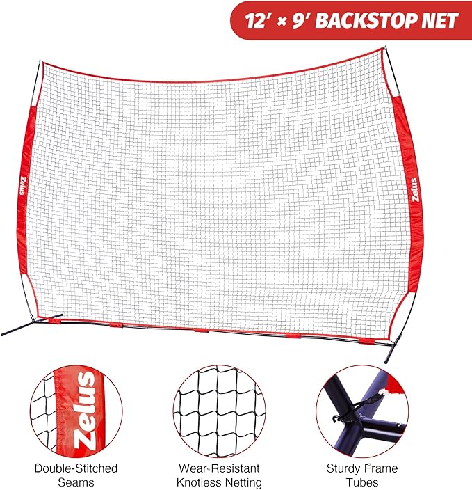 ZELUS Collapsible Barricade Backstop Net 12x9 ft, Net for Lacrosse, Baseball, Basketball, Soccer, Field Hockey and Softball Practice Barrier, Portable Hitting Net for Backyard, Park, with Carry Bag-StrideForce Fitness