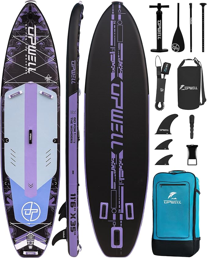 UPWELL 11'6"×35" Extra Wide Inflatable Paddle Board, Stand Up Paddle Board for Youth & Adults, Stable Design, Premium SUP Accessories, 120L Backpack, 10L Dry Bag, Paddle, Leash, Hand Pump, US Fins-StrideForce Fitness