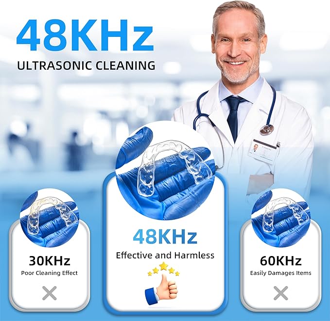 Ultrasonic Retainer Cleaner Machine, 48KHz Dental Cleaning Pod for Denture, Mouth Guard, Aligner, Night Guard, Braces, Toothbrush Heads, Jewelry with Digital Timer & 6 Modes, 13oz Capacity, White