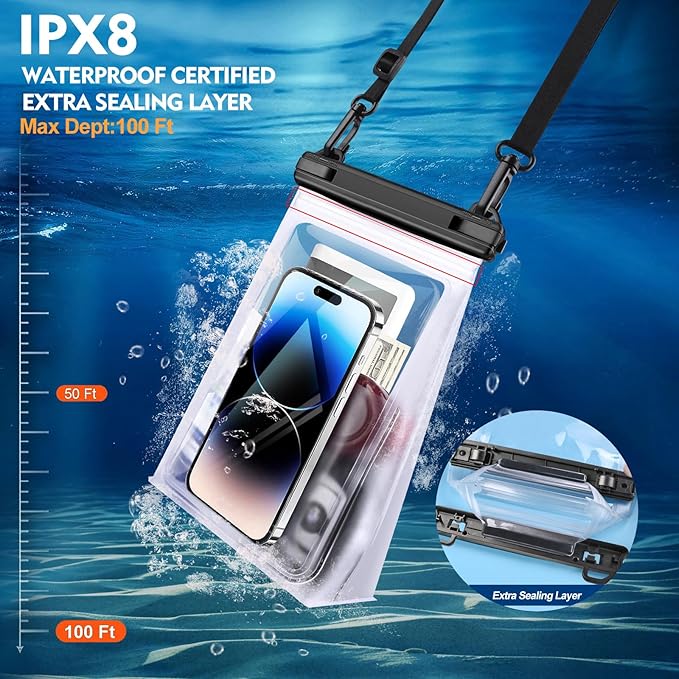 Large Waterproof Phone Pouch [with Sealing Strip], Cell Phone Dry Bag for iPhone 16 15 14 13 Pro Max Galaxy S25 S24 S23 S22 All Devices, Floating Water Proof Bag for Beach Water Park White-StrideForce Fitness