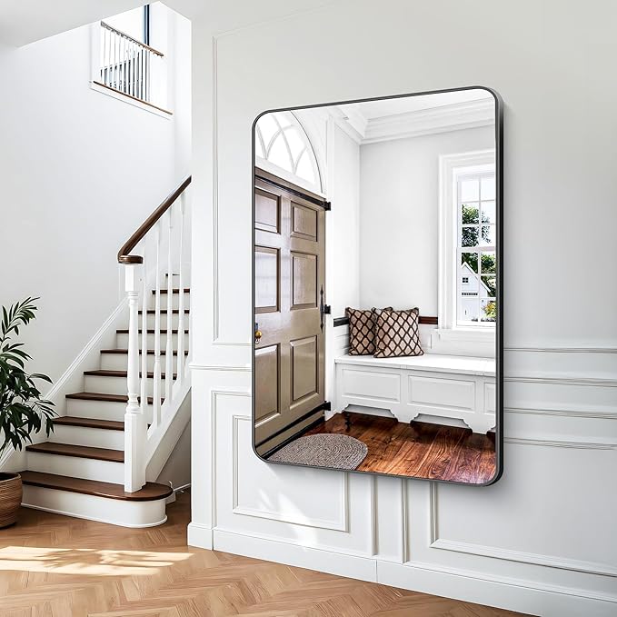 Black Bathroom Mirror,60x40 inch Wall Mirror for Bathroom Wall Mounted,Rectangle Mirror for Bathroom Over Sink,Modern Frame Round Corner for Living Room,Bedroom Entryway,Horizontal/Vertical-StrideForce Fitness