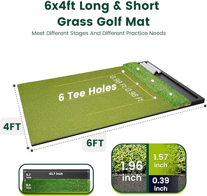 Golf Hitting Mat with Ball Tray 5x4ft - 6x4ft Dual-Turf Practice Mat for Indoor & Outdoor Use Golf Training Mat with Rubber Tee Holes, Suitable for Swing Driving & Chipping-StrideForce Fitness