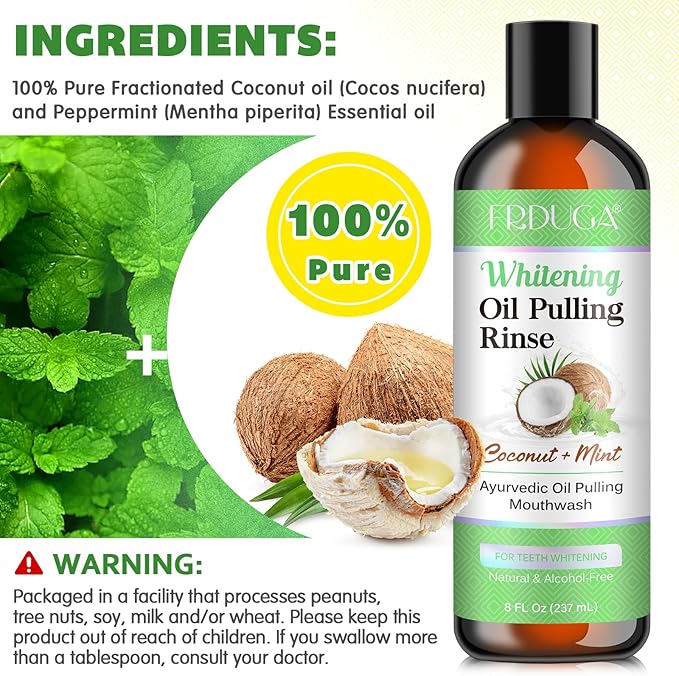 Pulling Oil for Teeth with Natural Coconut&Peppermint Essential Oils and Vitamin D, E, Alcohol Free Mouthwash，Helps with Fresh Breath, Teeth Whitening, Gum Health- with Tongue Scraper, (8 Fl. Oz) (1)