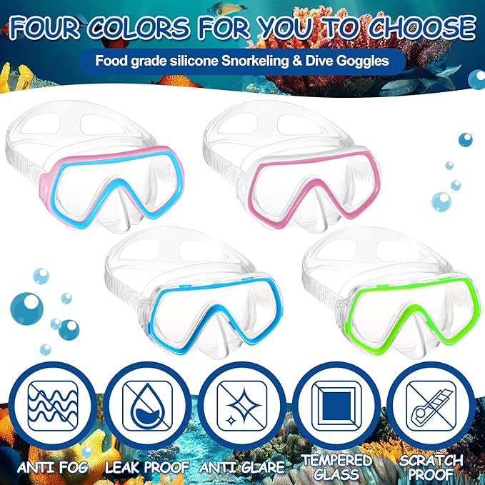 Hoolerry 4 Pcs Kids Nose Goggles Swim Goggles with Nose Cover for 3-8 Tempered Glass Snorkel Dive Mask Anti Fog with Elastic Strap No Leak Swimming Mask for Summer Diving Snorkeling-StrideForce Fitness