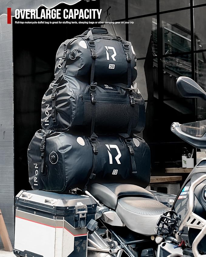 BORLENI Waterproof Motorcycle Dry Duffel Bag Luggage Tail Bag with Large Storage Space,Roll Top Closure, Shoulder Straps, Inner Pocket and Mesh Pocket for Motorcycling Travel Camping (Black,70L)-StrideForce Fitness