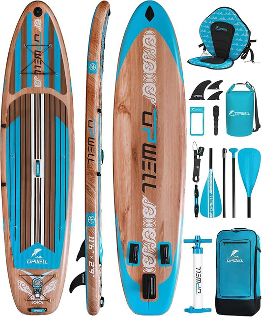UPWELL 11’6”/11'2”/11'/10'8”/10'6”/10'2” Inflatable Stand Up Paddle Board with sup Accessories Including Backpack, Repairing Kits, Non-Slip Deck, Leash, 3 Fins, Paddle and Hand Pump-StrideForce Fitness