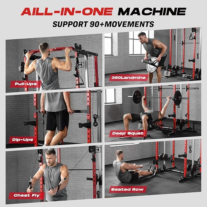 Smith Machine Home Gym, Multi-Function Power Cage with Dual Pulley Cable Crossover System, All-in-One Squat Rack with Smith Bar and Strength Training Attachments for Full-Body Workouts-StrideForce Fitness