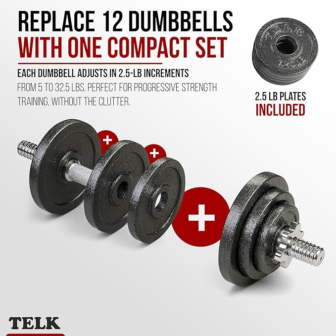 TELK – Adjustable Dumbbell Set – Home Gym Weight Set with Baked Enamel Cast Iron Plates – Space-Saving Free Weights for Strength Training-StrideForce Fitness