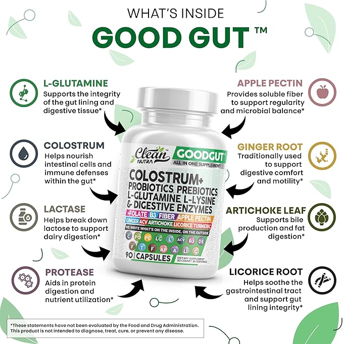 Clean Nutraceuticals Colostrum Supplement Capsules Probiotics Pills Prebiotics, L-Glutamine, Digestive Enzymes, Folate, Fiber, ACV, Turmeric, Apple Pectin and Turmeric Good Gut-StrideForce Fitness
