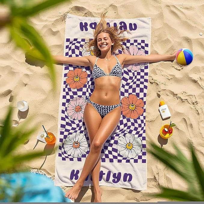 JML Personalized Beach Towel with Name, Custom Flower Beach Towel, Customized Microfiber Pool Towel, Quick Dry & Absorbent Swim Towel for Adult,Anniversary, Birthday, Summer Holiday,Vacation-StrideForce Fitness
