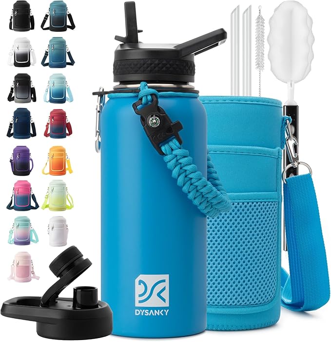 Insulated Water Bottle | Thickened Stainless Steel Vacuum Metal | Portable Sports Water Jug for Gym and Hiking with Straw, Carrier Bag, Handle Strap | BPA-Free 32 oz-StrideForce Fitness