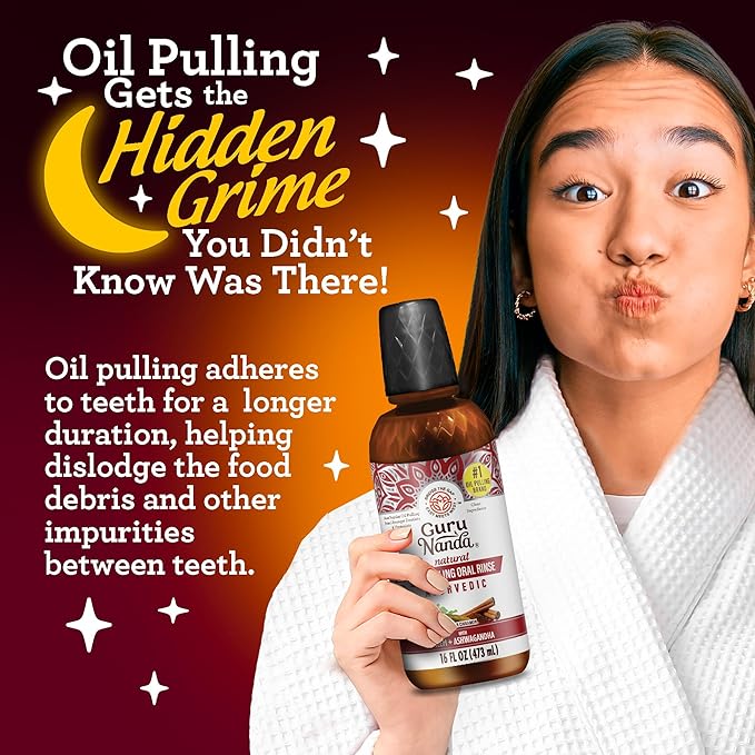 GuruNanda Cinnamon Oil Pulling Mouthwash, Promotes Calmness, with Neem & Ashwagandha for Fresh Breath & Happy Gums, Alcohol-Free, 16 Oz