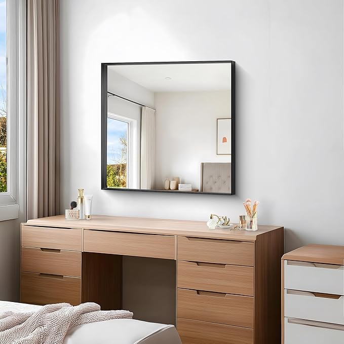 Black Bathroom Mirror, 30x30 Inch Rectangular Framed Mirror, Large Wall Mounted Bathroom Vanity Mirror Over Sink for Bedroom,Restroom, Living Room, Hangs Vertically or Horizontally-StrideForce Fitness