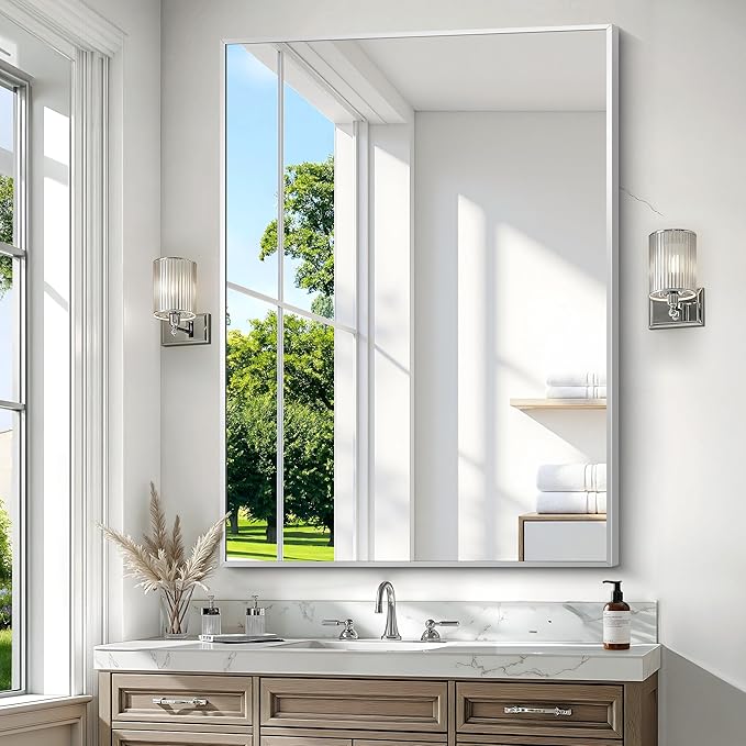 Silver Bathroom Mirror,36x48 inch Wall Mirror for Bathroom Wall Mounted,Large Rectangle Mirror for Bathroom Over Sink,Modern Metal Frame for Living Room,Bedroom Entryway,Horizontal/Vertical-StrideForce Fitness
