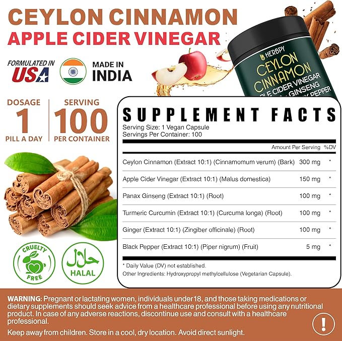 6in1 Premium Ceylon Cinnamon Supplement Plus Apple Cider Vinegar, Turmeric, Ginger, Ginseng - Weight Management, Digestion - 100 Vegan Capsules-StrideForce Fitness