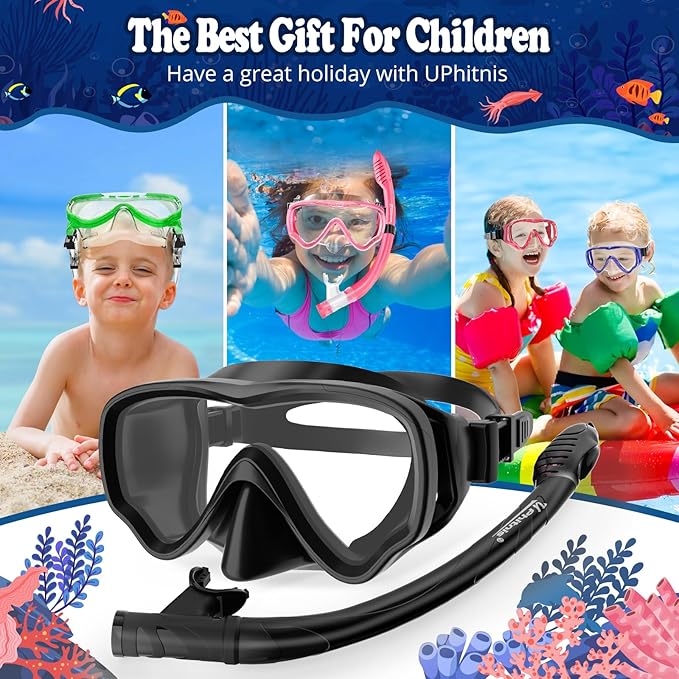 U PHITNIS Kids Snorkel Set for Age 4-14 - Dry Top Snorkeling Gear for Kids Junior & Youth - Childs Diving Mask with Big Eyes for Boys Girls - Anti-Fog Snorkeling Mask and Snorkel Set-StrideForce Fitness