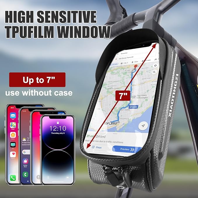 Bike and Bicycle Phone Front Frame Bag, Waterproof, Tube Bag, Cycling Pouch, Bike Accessories for Men Compatible Under 7 Inch and Below Phones-StrideForce Fitness